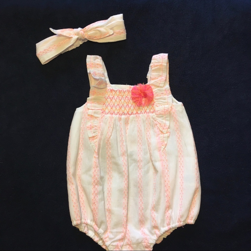 Bubble Romper Catherine Malandrino Peach White Romper & headband set 6-9m
